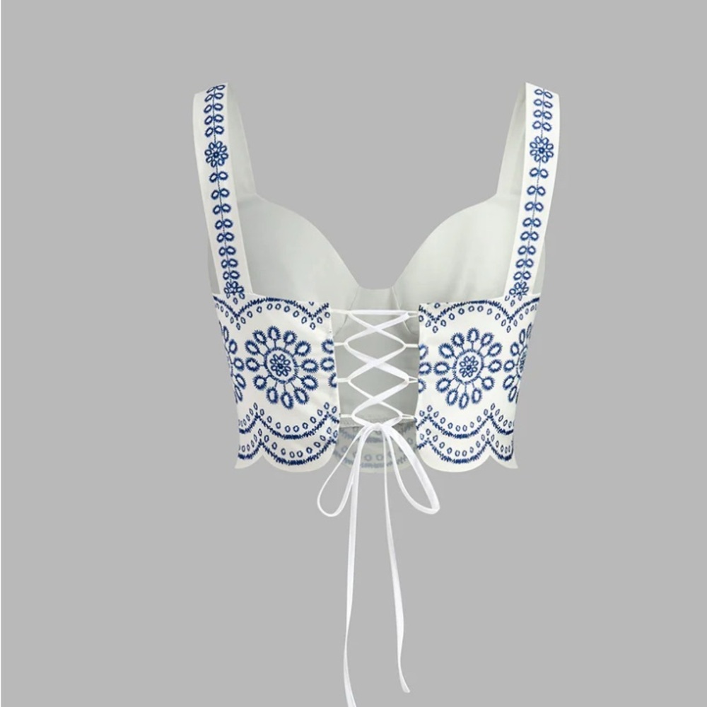 Blue and White Tiered Maxi Skirt Set for Resort Wear - Picture 3 of 6